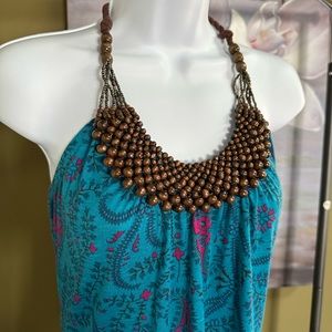 Teal Paisley Maxi Dress with Beaded Bib Neckline